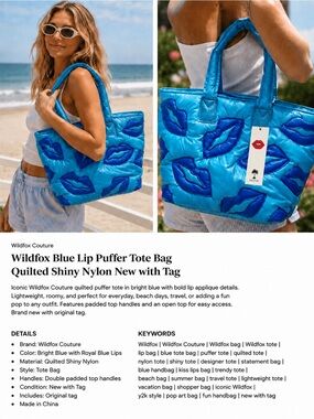 Wildfox Quilted Blue Puffy Tote Bag blue Lips Pattern Travel large bag NWT Zip